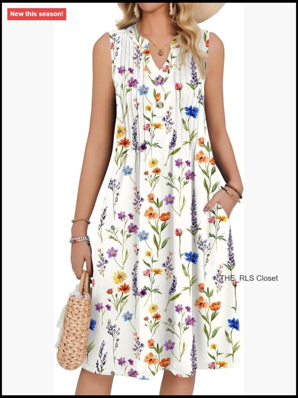 Polyester Blend Sleeveless Midi Sundress with Pockets V-Neck